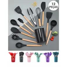 Kit com 12 Peças Utensílios de Cozinha Silicone e Cabo de Madeira Bambu Jogo Espátula Colher Concha