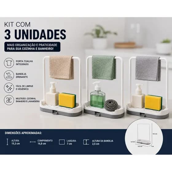 Kit Suporte Organizador Multiuso para Pia Banheiro Cozinha com Porta Toalha e Bandeja Drenante