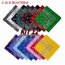 kit 12 Bandana Lenço Estampado Em Poliéster  Cores Várias