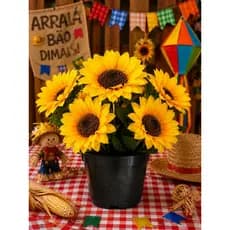 Kit Vaso Preto Com Buquê De Girassol Artificial Luxuoso Festa Junina