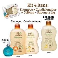 Kit Shampoo + Condicionador + Colônia Sem Álcool + Sabonete Líq Cuidado Natural Bebê Orgânico 630ml