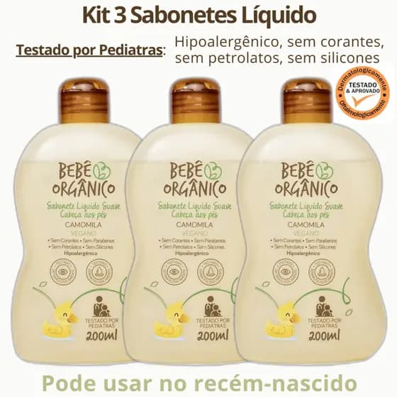 Kit 03 Sabonetes Líquidos CAMOMILA VEGANO da Bebê Orgânico Recém-Nascido Acalma e Nutre 200 ml Cada