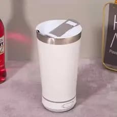 Copo MUSICAL Térmico Aço Inox BRANCO Com Caixa de Som Bluetooth com tampa abridor Led RGB 473ML
