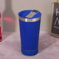 Copo Musical Térmico Aço Inox AZUL Com Caixa de Som Bluetooth com tampa abridor Led RGB 473ML