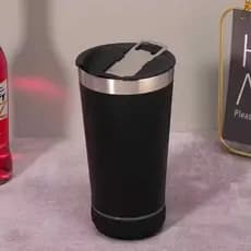 Copo Musical Térmico Aço Inox PRETO Com Caixa de Som Bluetooth com tampa abridor Led RGB 473ML