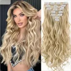 Conjunto de extensões de cabelo ondulado loiro de 50,8cm de comprimento - 7 peças de grampos de cabelo sintéticos macios