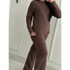 Conjunto Feminino Inverno Mousse Calça e Blusa com trança Gola Alta Tricot