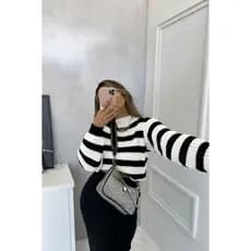Cropped Tricot Listrado Manga Bufante Feminino Inverno KARINE Manga Longa Bloco de listra Tricô