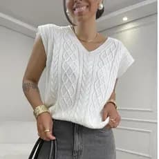 Colete Feminino Tricot Trançado Oversized Decote V Moda Inverno Premium