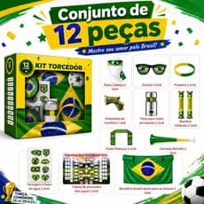 Kit Torcedor Copa do Mundo 2026 Brasil 12 Itens Torcida Bandeira Brasileira Óculos Pulseira Adesivos