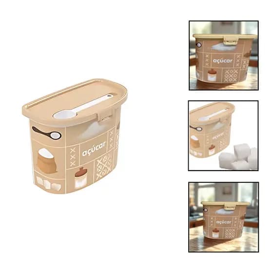 Porta Açúcar Pote Organizador Cozinha Com Colher Medidora Bege Decorado Plasútil Com Colher