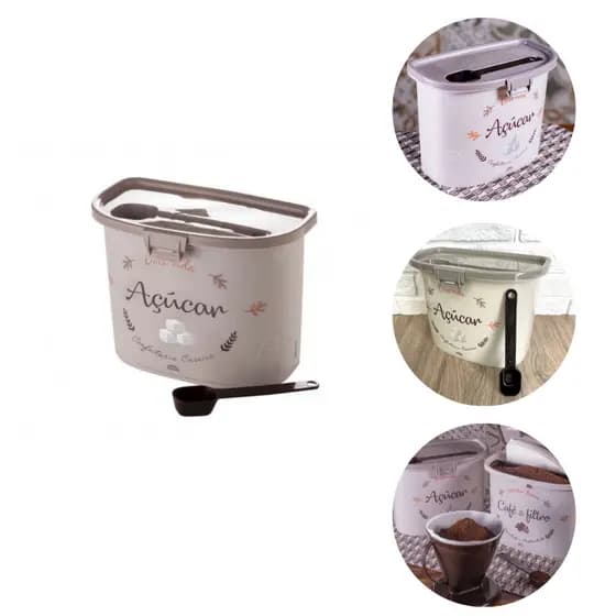 Porta Açúcar Plástico Pote Decorado Cinza Com Colher Medidora Para Cozinha Plasútil