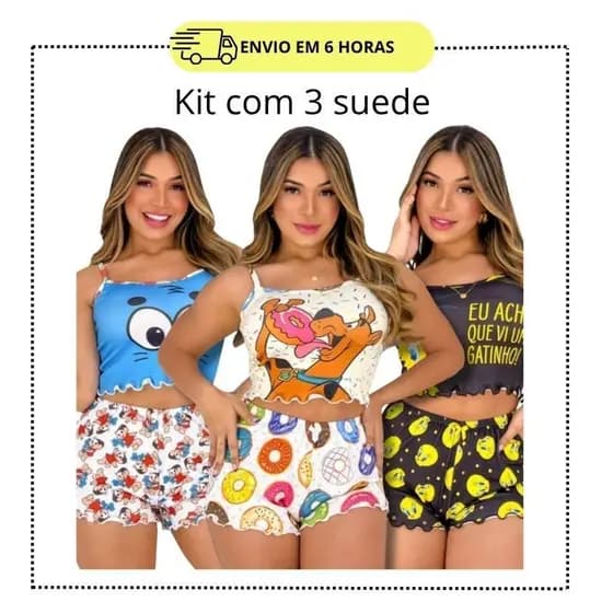 Kit 3 pijamas baby dool sortidos SUEDE personagem