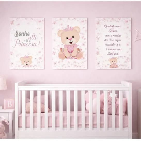 Kit 3 Quadros Decorativos 20X30Cm Quarto Bebê Menina Ursinha Princesa Rosa Infantil Sem Moldura