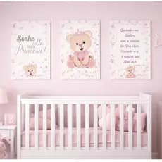 Kit 3 Quadros Decorativos 20X30Cm Quarto Bebê Menina Ursinha Princesa Rosa Infantil Sem Moldura