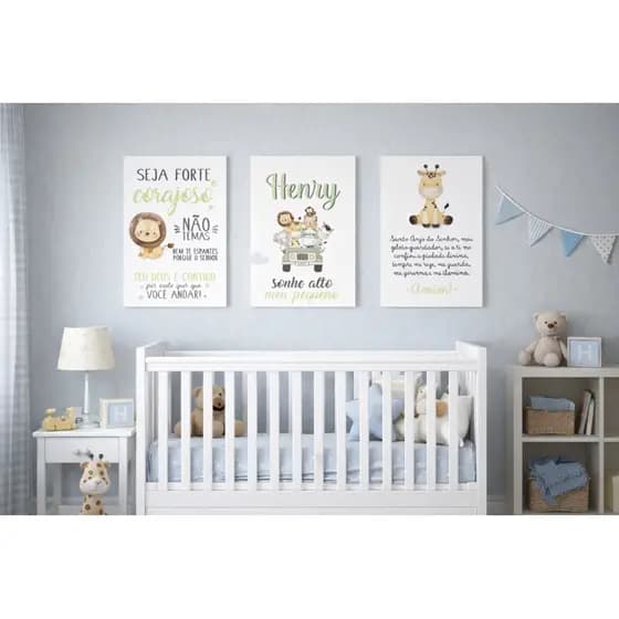 Quadro Decorativo Infantil 20x30 Safari Baby Bichinhos com nome personalizado 3 Peças