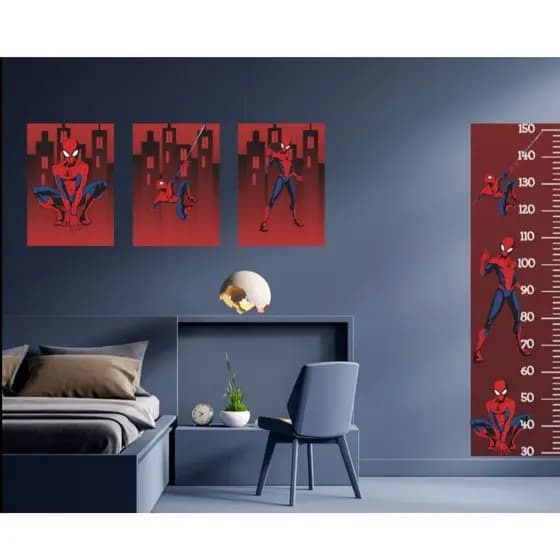 Kit  Quadros Homem Aranha Quarto Infantil Menino 3Peças 20x30 MDF 3mm + Régua de Crescimento 1,5m