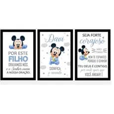 Quadro Decorativo Infantil Mickey Disney personalizado com nome 20x30cm 3 Peças Mosaico