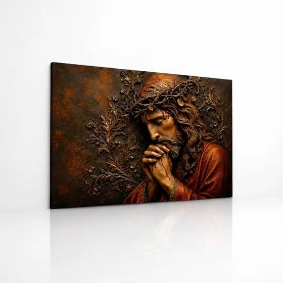 Quadro Decorativo Uma Peça Jesus em Oração Estilo Madeira Efeito 3D FullHD