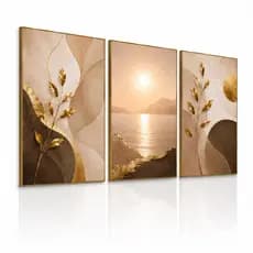 Quadro Decorativo 3 Peças Luxo Exclusivo Abstrato Bege e Dourado FullHD