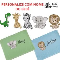 Toalha de Boca Bebê Bordada Nome Personalizado Safari Leão Girafa Elefante Creche Algodão
