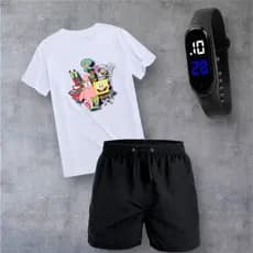 kit camiseta infantil menino conjunto bermuda + relógio Digital stop , resistente a agua