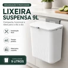 Lixeira Suspensa 9L Cozinha Banheiro Tampa Protetora Sem Furos Suporte Parede Armário