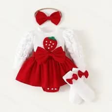 Conjunto de Macacão Infantil com Tema de Morango, Faixa de Cabelo com Laço Grande e Meias, Roupas de Verão para Crianças