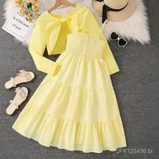 Conjunto para Meninas de 8-12 Anos, Vestido Floral com Suspensórios e Casaco de Manga Longa