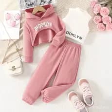 Conjunto de três peças estilo universitário para meninas de 3 a 10 anos para primavera e outono: moletom, colete de gola