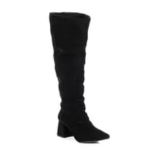 Bota Feminina Montaria Cano Longo Salto Bloco Última Moda Lançamento Bico Fico Enrugada Camurção