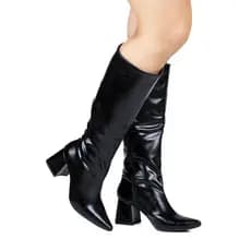 Bota Feminina Montaria Cano Alto Longo Salto Grosso Médio Bico Fino Lisa Festa Fashion Moda