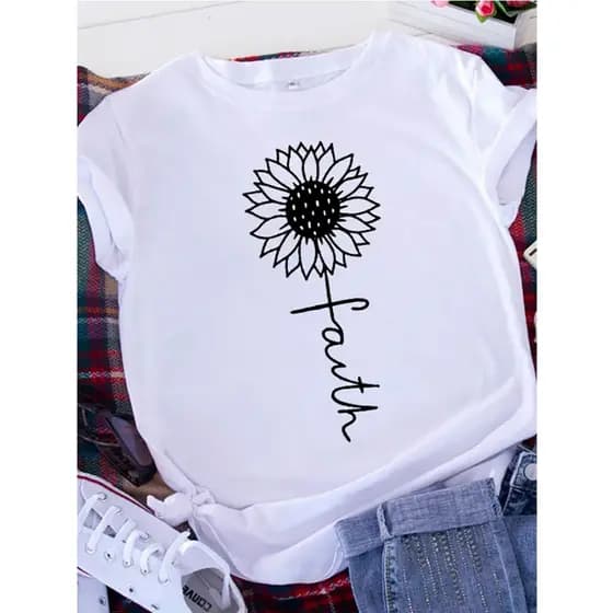 Camiseta Feminina Estampa Girassol Algodão Casual Moda + Brinde