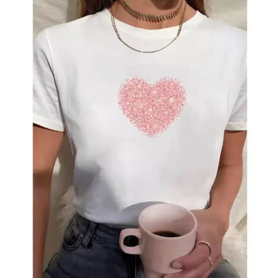 Camiseta Feminina Estampa Coração Rosa T-Shirt Casual + Brinde