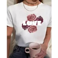 Camiseta Feminina Estampa Love Floral Algodão Casual  + Brinde