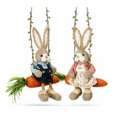 Casal Coelhos Em Palha Balanço Cenoura Decoração Páscoa 35Cm