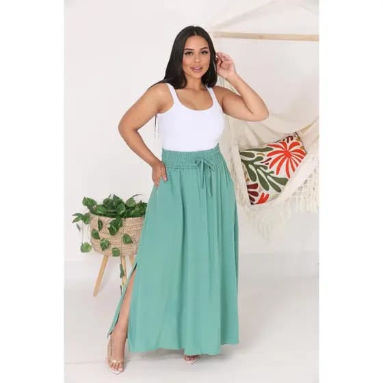 Saia Feminina Moda Evangélica Em Viscolinho Cintura Alta Com Bolso e Fenda Na Lateral