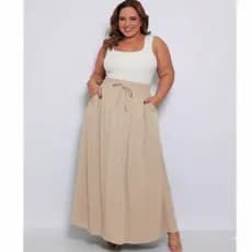 Saia Longa Plus Size Viscolinho Cintura Alta com Bolsos e Fendas Laterais