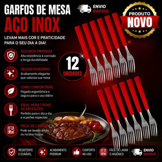 Kit Com 12 Garfos  Linha Colorida cabo de Plástico Vermelho Excelente para Seu Dia à Dia
