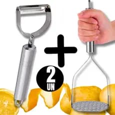 Kit 3 e 2 Peças Descascador de Legumes Amassador de Batatas Espremedor de Limão em Aço Inox