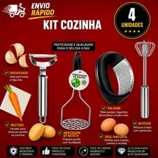 Kit 4 Utensílios de Cozinha Descascador Amassador de Batata Espremedor de Alho e Batedor de Ovos