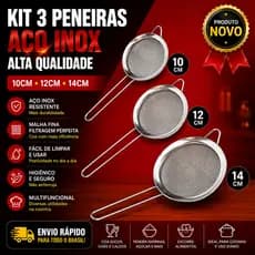 Conj de 3 Peneiras Aço inox de Alta Qualidade 10cm 12cm e 14cm e 1Un Peneira 10cm Multifuncional