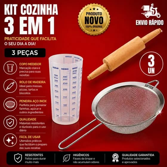 Kit Essencial de Cozinha 3 Peças  Copo Medidor + Rolo de Madeira + Peneira Prático e Funcional