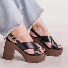 Sandália Feminina Anabela Meia Pata 11cm Salto Bloco Plataforma Tiras Largas Confortável com Fivela