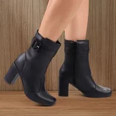 Bota Feminina Cano Médio Bico Quadrado Com Fivela E Zíper Sola Antiderrapante Conforto e Praticidade