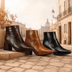 Bota Feminina Madri Croco Bico Fino Confortável Salto Bloco Médio Cano Curto Elegante Moderno Casual