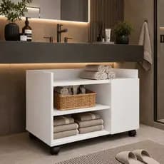 Gabinete Suporte para Banheiro e Lavabo Branco com 2 Prateleiras Abertas e 1 Porta Organizador Multiuso