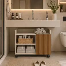 Gabinete Auxiliar para Banheiro e Lavabo com Nichos Decorativos e Porta de Armazenamento