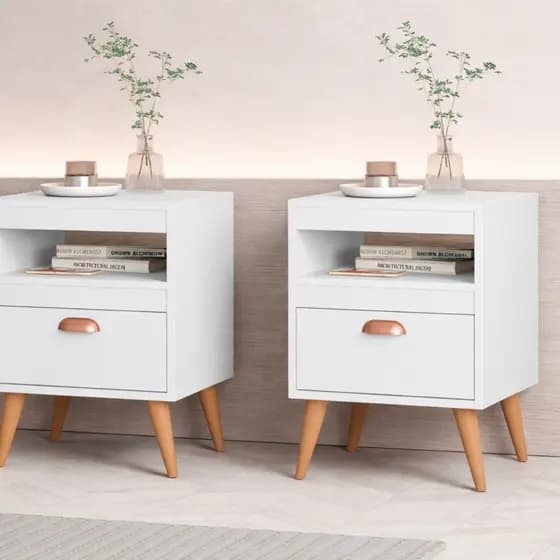 Kit 2 Mesa de Cabeceira com Nicho Organizador e Gaveta pés palitos estilo retro