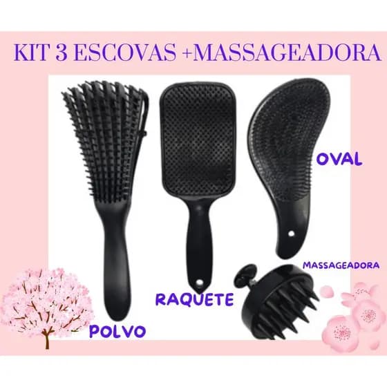 Kit 4 Escova De Cabelo – Escova Raquete + Escova Polvo + Escova Massageadora + Escova Mágica